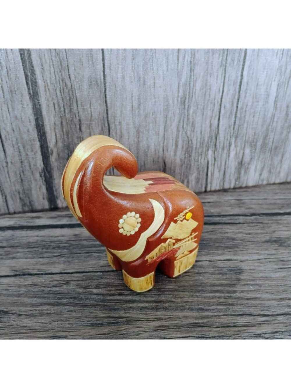 Handcrafted Wooden Elephant Figurine With Ornate Asian Veneer Accents 4", Trunk - Picture 4 of 9